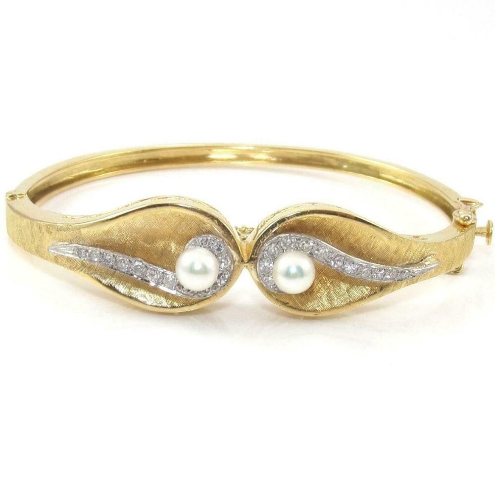 Vintage 18K Yellow Gold Bracelet Pearl Diamond Hinged Bangle
